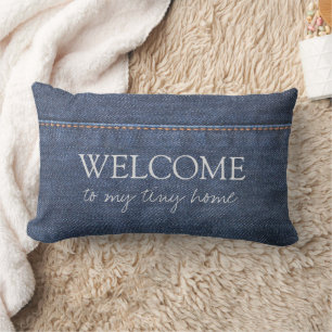 Rustic denim blue pattern Welcome to my tiny home Lumbar Pillow