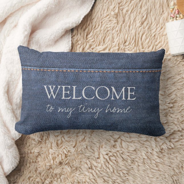 Rustic denim blue pattern Welcome to my tiny home Lumbar Pillow (Blanket)