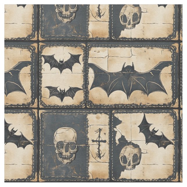 Rustic Denim Halloween Patchwork Pattern Fabric (Close Up)