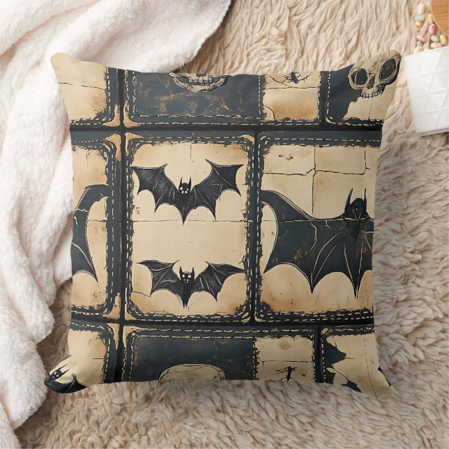 Rustic Denim Halloween Patchwork Pattern Throw Pillow (Blanket)
