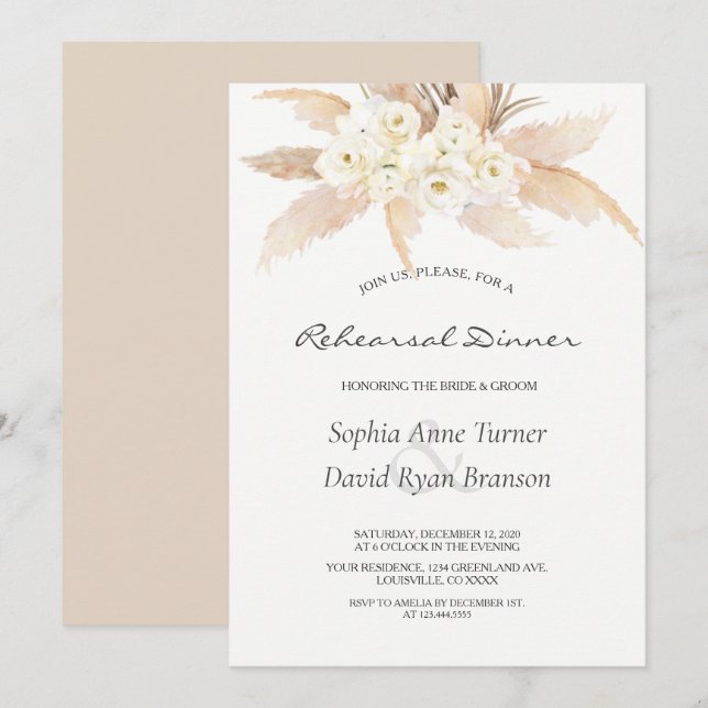 Rustic Desert Roses Pampas Grass Rehearsal Dinner Invitation (Front/Back)