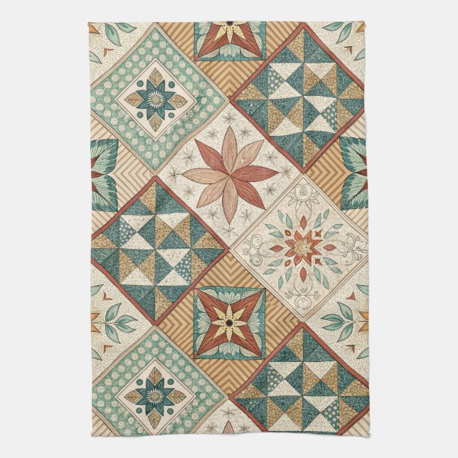 Rustic Diamond Patchwork Pattern - Geometric Kitchen Towel (Vertical)