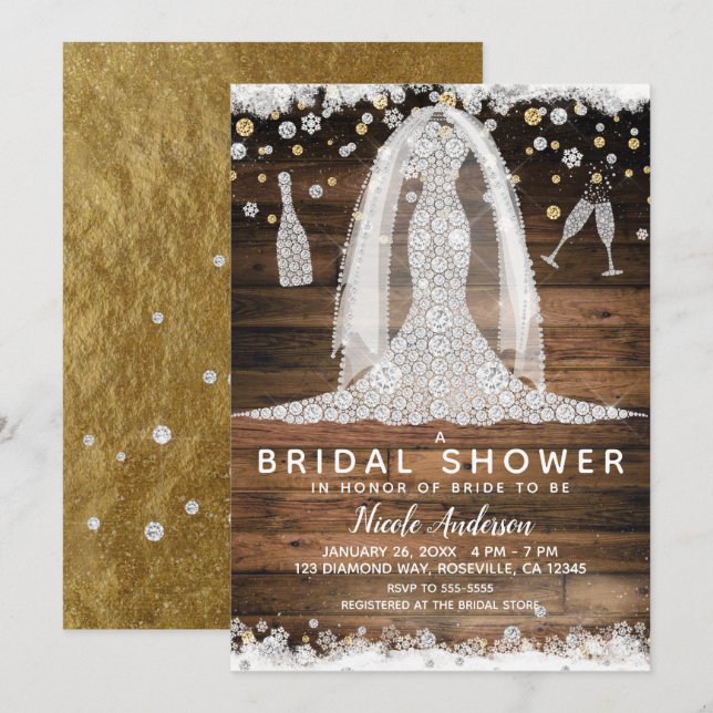 Rustic Diamond Wedding Dress Gold Bridal Shower Invitation (Front/Back)