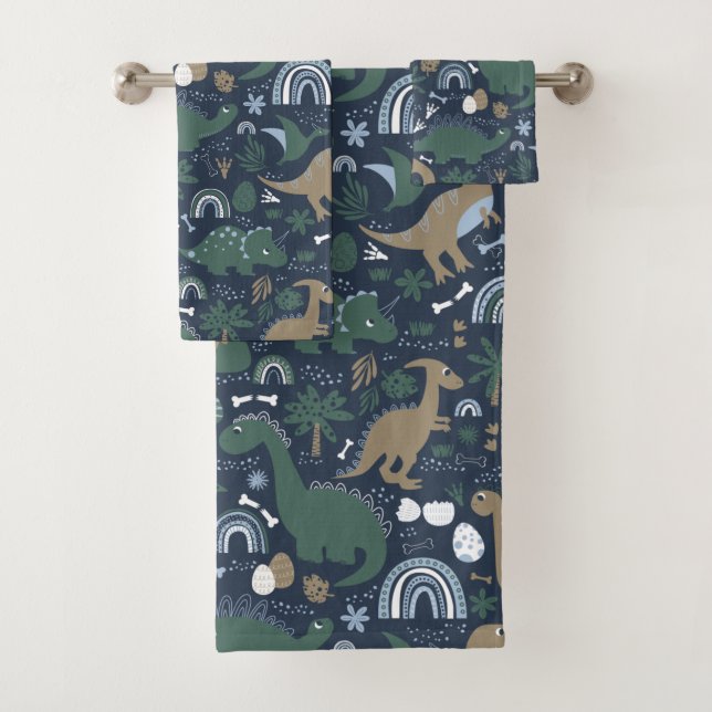 Rustic Dinosaur Forest Prehistoric Kids Bath Towel Set (Insitu)