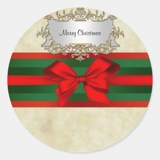 Rustic Distressed 2, Red & Green Ribbon Christmas Classic Round Sticker (Front)