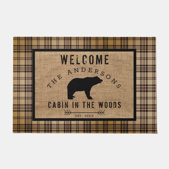 Rustic Distressed Plaid Bear Welcome Cabin Woods Doormat (Front)