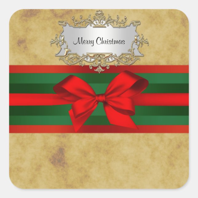 Rustic Distressed, Red & Green Ribbon Christmas Square Sticker (Front)