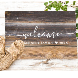 Rustic Distressed Wood Family Name Welcome Doormat