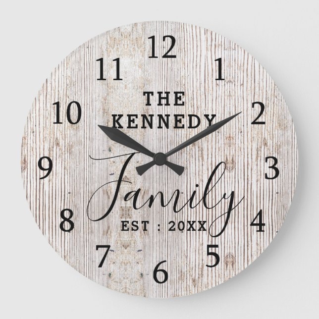 Rustic  Distressed Wood Farmhouse Family Name  Large Clock (Front)