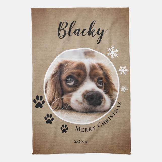 Rustic Dog Pet Photo Merry Christmas Kitchen Towel (Vertical)