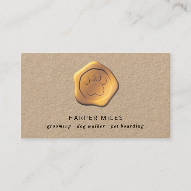 Rustic dog sitter gold paw wax label business card (Front)