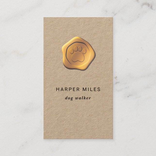 Rustic dog sitter gold paw wax seal/ label business card (Front)