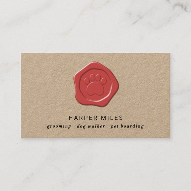 Rustic dog sitter paw wax label business card (Front)