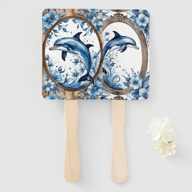 Rustic Dolphins with Blue Florals Set of Fans (Front and Back)