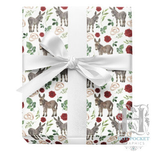 Rustic Donkey Floral Red Wrapping Paper