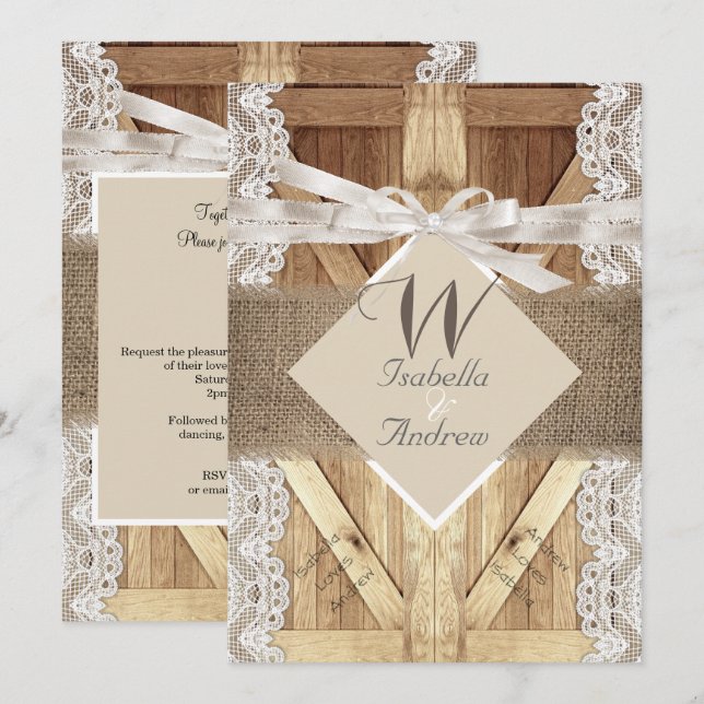 Rustic Door Wedding Beige White Lace Wood Burlap 2 Invitation (Front/Back)