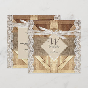 Rustic Door Wedding Beige White Lace Wood Burlap Invitation