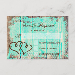 Rustic Double Hearts Aqua Wood Wedding RSVP Cards