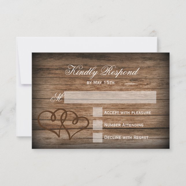 Rustic Double Hearts Wood Wedding RSVP Cards (Front)