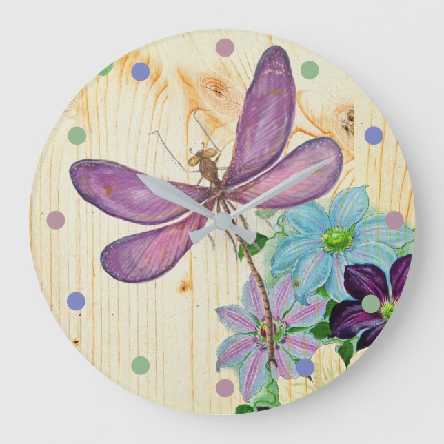 Rustic Dragonfly Purple Flowers Blue Wood Shabby Large Clock (Front)