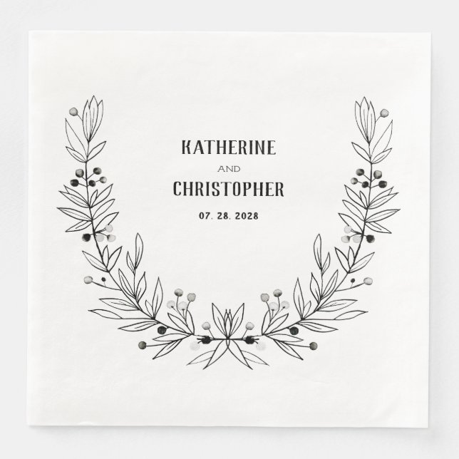 Rustic Drawn Stem Leaf Berries Wreath Crest  Napkin (Front)