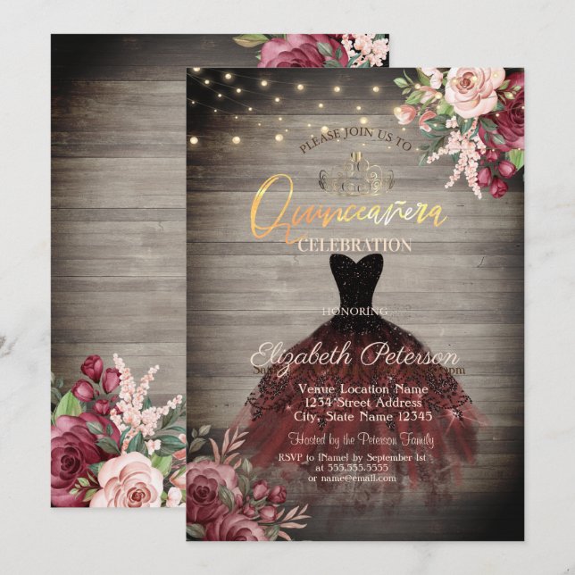 Rustic Dress,Tiara,Lights Roses Wood Quinceañera  Invitation (Front/Back)