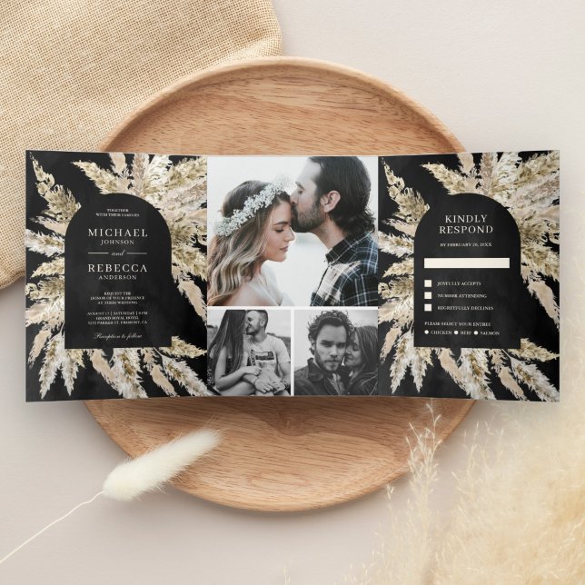 Rustic Dried Boho Pampas Grass Black Arch Wedding Tri-Fold Invitation (Creator Uploaded)