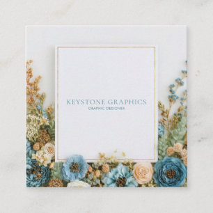 Rustic Dried Floral Arrangement Blue Peach Gold Square Business Card