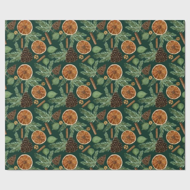 Rustic Dried Orange Pine Green Christmas Holiday  Wrapping Paper (Seam)