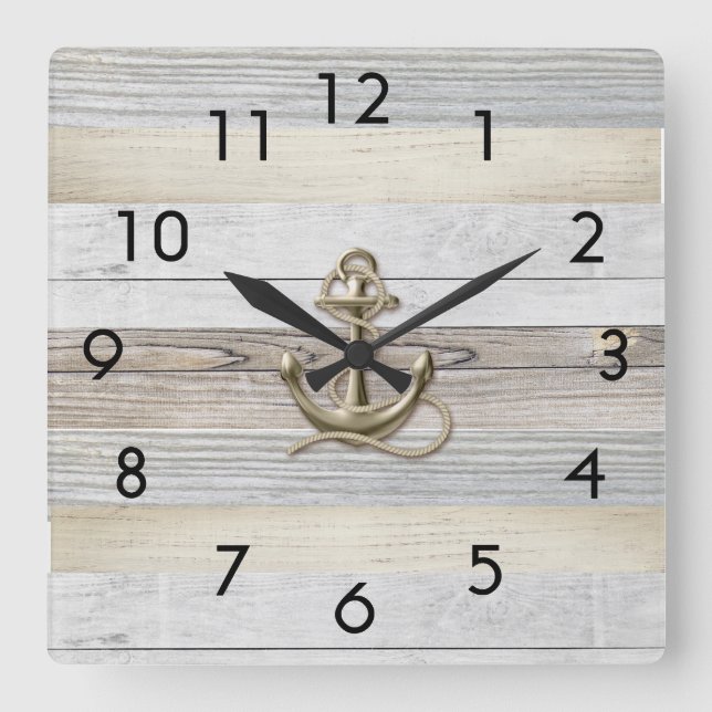 Rustic Driftwood Anchor Square Wall Clock (Front)