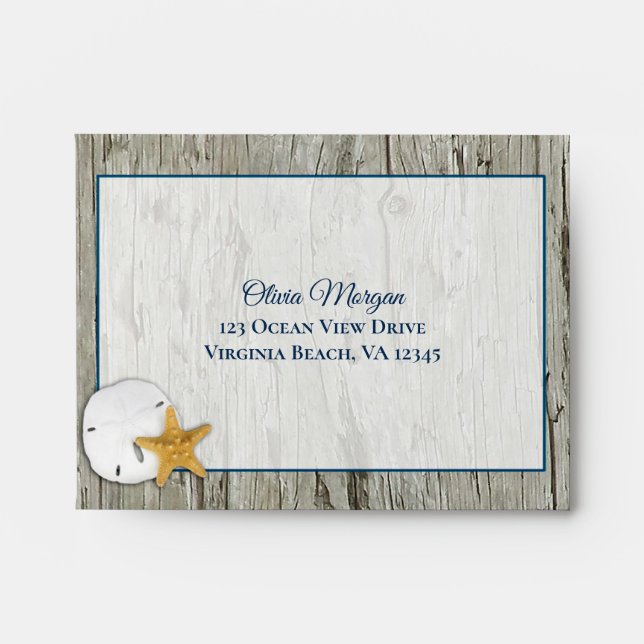 Rustic Driftwood Sand Dollar Coastal Wedding RSVP  Envelope (Front)