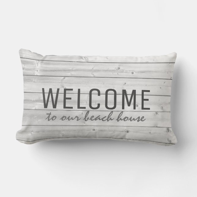 Rustic driftwood Welcome to our beach house Lumbar Pillow (Front)