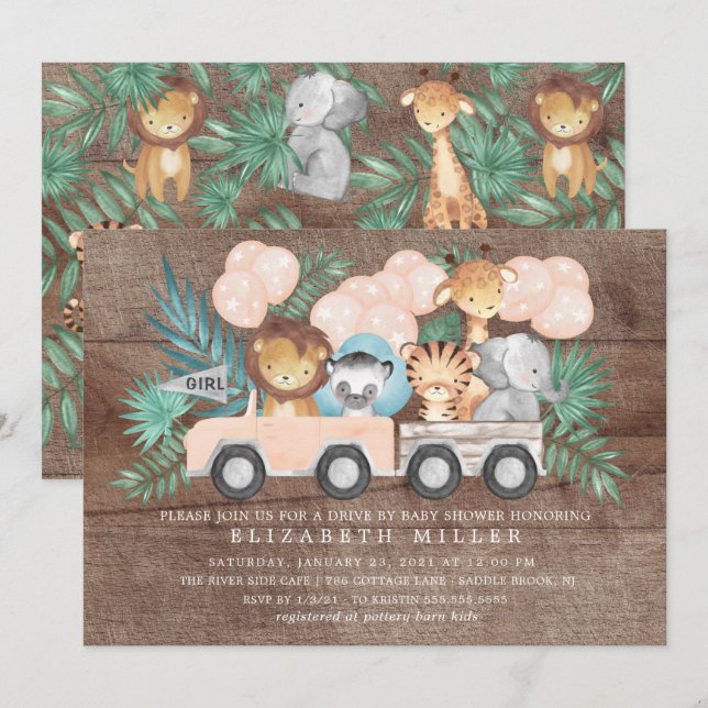 Rustic Drive By Jungle Animals Girls Baby Shower Invitation (Front/Back)