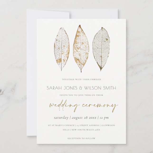 Rustic Dry Vein Gold Rust Leaves Wedding Invite (Front)