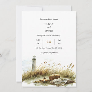 Rustic Dune Picnic and Lighthouse Beach Wedding Invitation