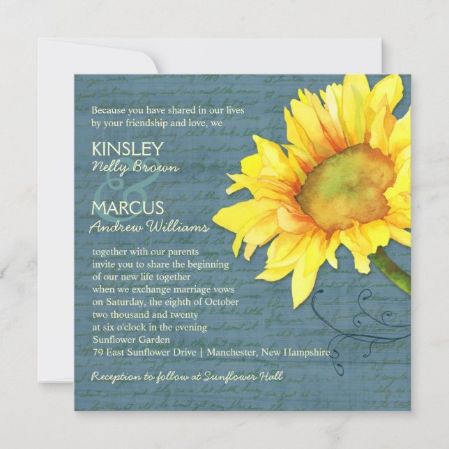 Rustic Dusky Blue Sunflower Wedding Invitation (Front)