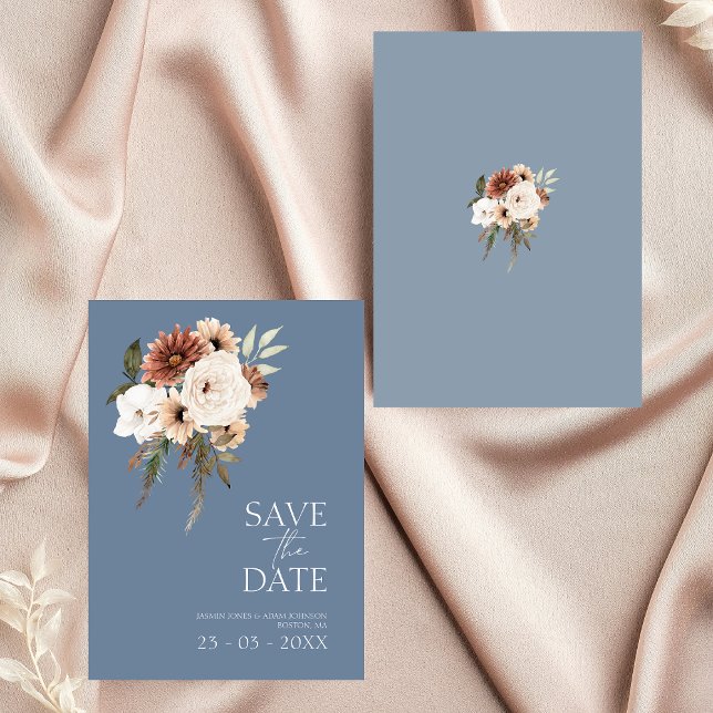 Rustic Dusty Blue and Rust Floral Save the Date  (Elegant Dusty Blue Floral Wedding Save the Date)