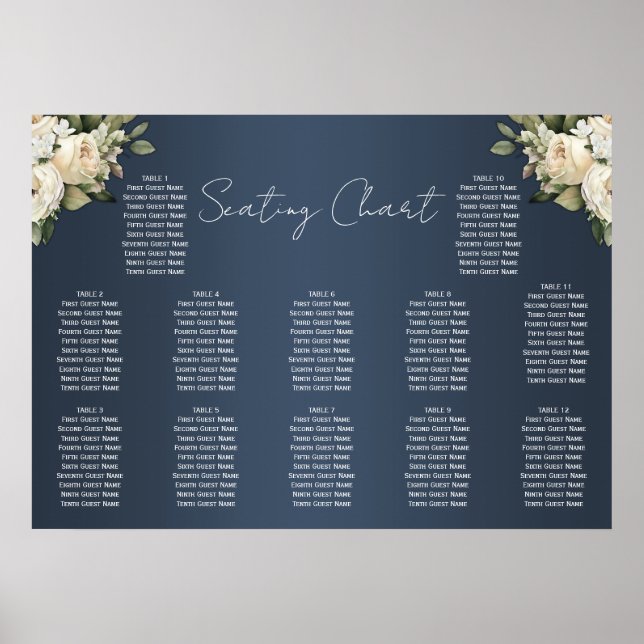 Rustic Dusty Blue and White Roses Seating Chart (Front)