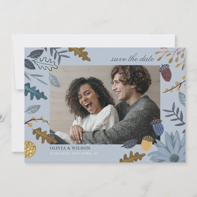 Rustic dusty blue autumn leaves fall wedding save the date (Front)