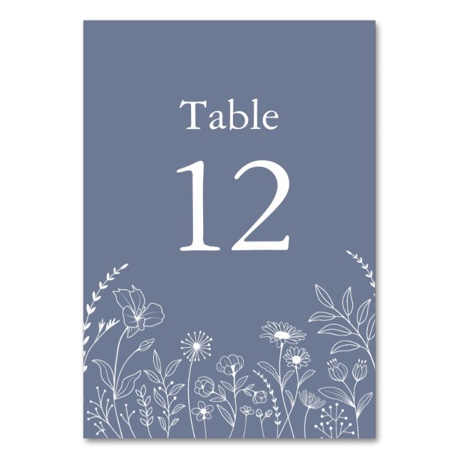 Rustic Dusty blue Boho Wildflowers Table Number (Front)