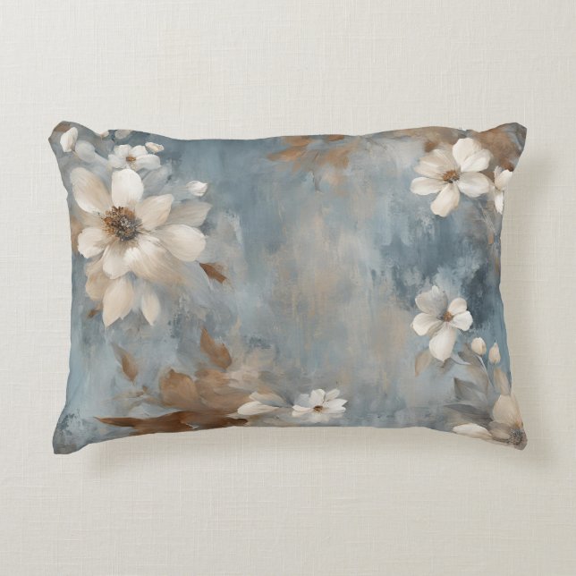 Rustic Dusty Blue Brown Cream Farmhouse Floral Accent Pillow (Front)