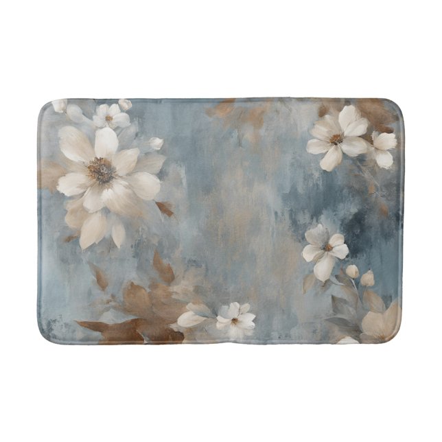 Rustic Dusty Blue Brown Cream Farmhouse Floral Bath Mat (Front)