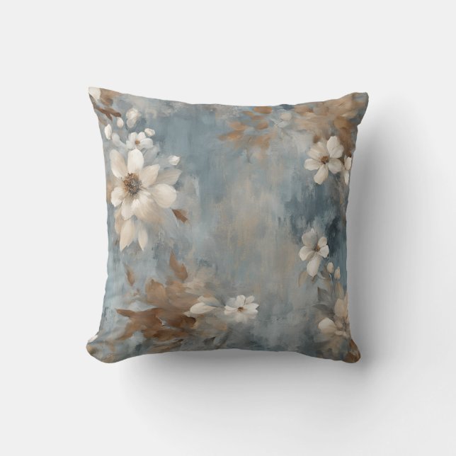 Rustic Dusty Blue Brown Cream Farmhouse Floral Sm Throw Pillow (Front)