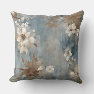 Rustic Dusty Blue Brown Cream Farmhouse Floral Throw Pillow