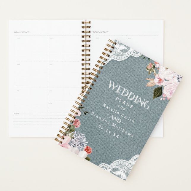 Rustic Dusty Blue Burlap Lace and Floral Wedding Planner (Display)