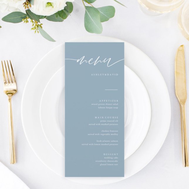 Rustic Dusty Blue Calligraphy Wedding Menu Cards (Creator Uploaded)