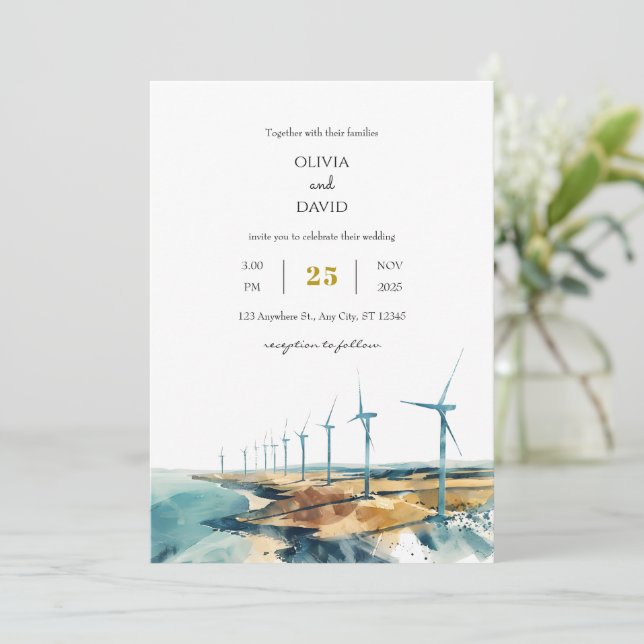 Rustic Dusty Blue Coastal Windmill Beachy Wedding  Invitation (Standing Front)