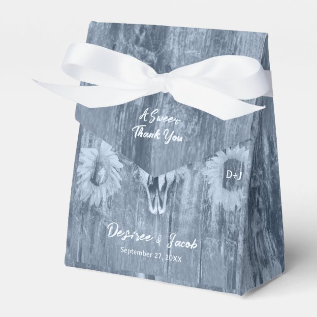 Rustic Dusty Blue Country Sunflowers Bull Skull Favor Box (Front Side)