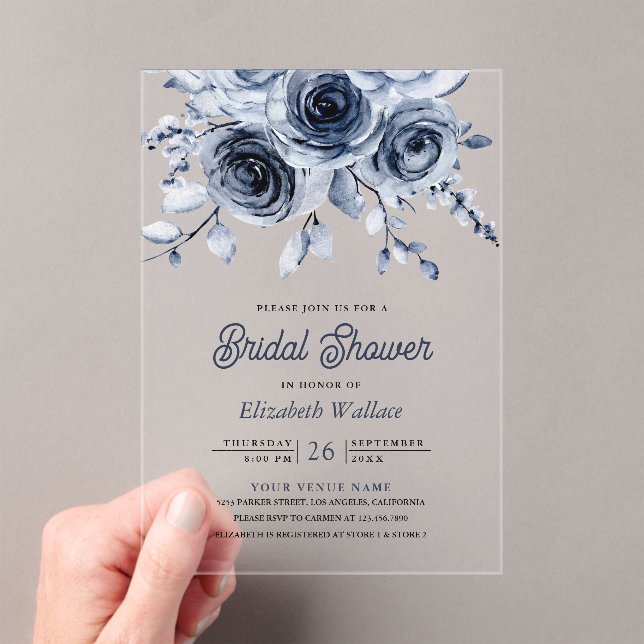 Rustic Dusty Blue Floral Bridal Shower Acrylic Invitations (Insitu (Handheld))