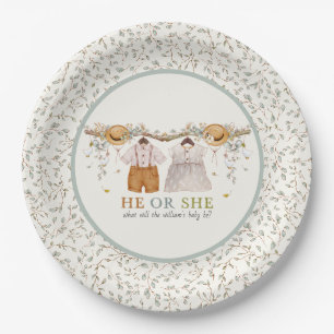 Rustic Dusty Blue Floral Cottagecore Gender Reveal Paper Plate